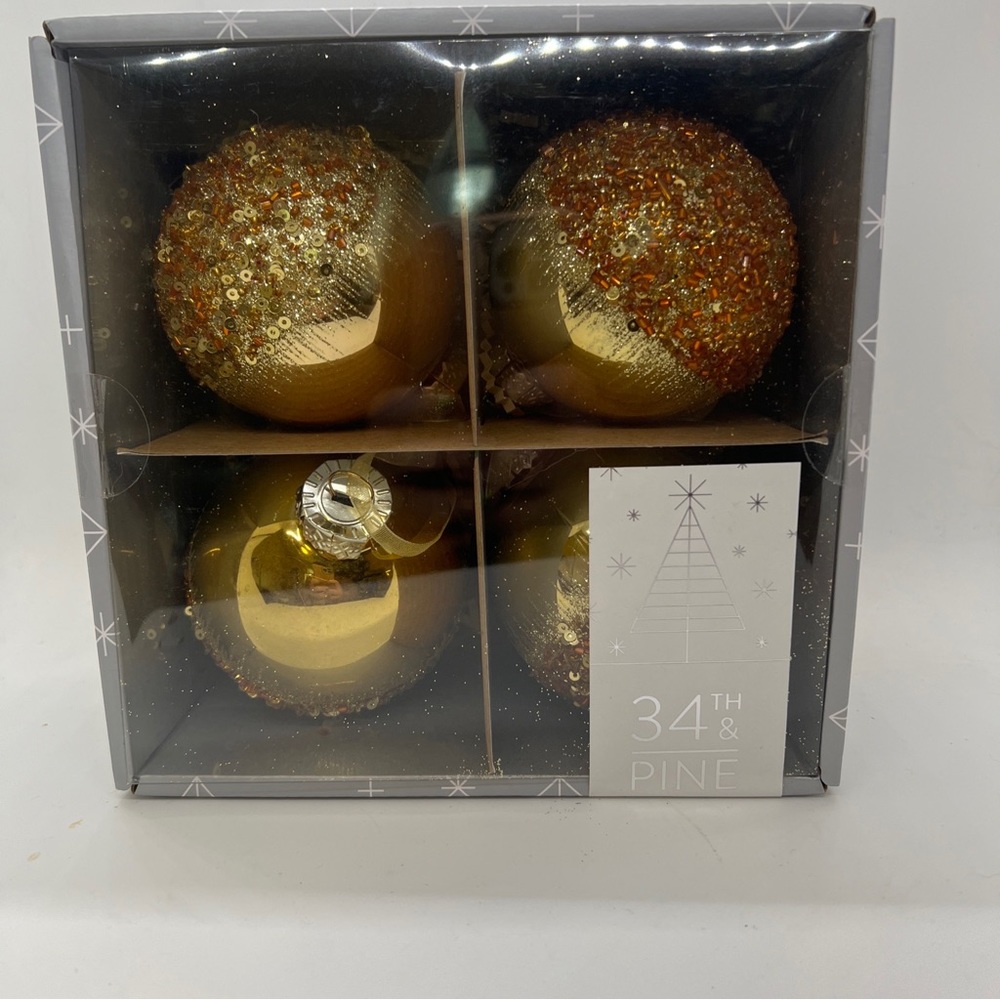 34th & Pine set of 4 Orange Gold Jeweled And Sequins 3" Ornaments NIB